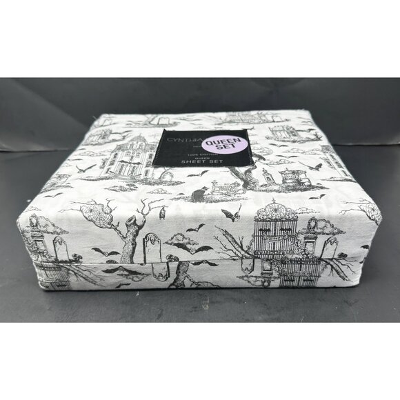 CYNTHIA ROWLEY QUEEN SHEET SET Halloween Toile Haunted House Cemetery Bats NEW - Picture 3 of 7